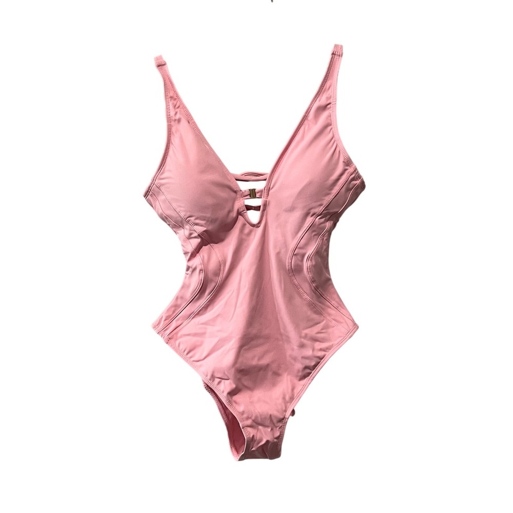 TA3 Brazilian Plungey Keyhole One Piece Swimsuit Flamingo Pink Lace Up XS Short